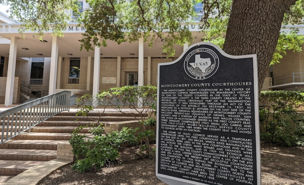 Montgomery County Courthouse Texas Historical Commission marker in downtown Conroe TX — divorce attorney Conroe TX