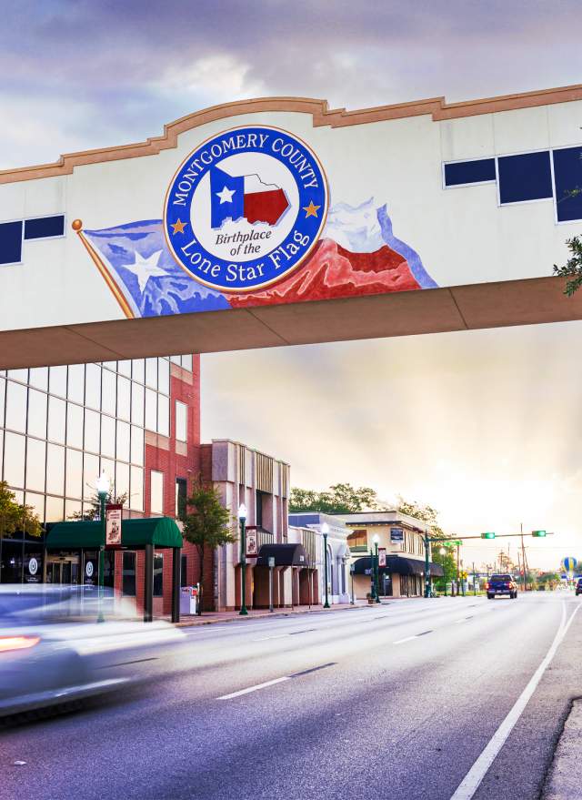 Conroe, Texas skybridge near the Montgomery County Courthouse — family law attorney serving Conroe and Montgomery County
