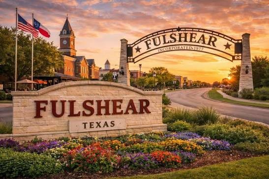 Welcome to Fulshear Texas monument and downtown at sunset — family law attorney Fulshear TX